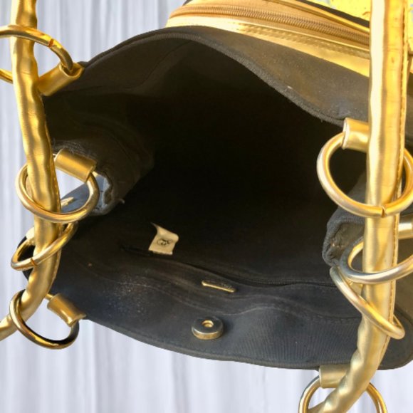 Comeco Vintage Crossbody Bucket Handbag Black Fabric + Gold Faux Leather - Picture 6 of 13